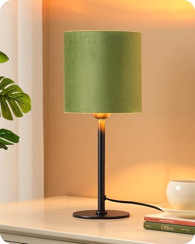 EDISHINE Lámpara de Mesita, Lámpara de Mesa Madera con Base de Metal Negro y Pantalla de Terciopelo Verde, incluye LED 2700K, Casquillo E27, para Salón, Dormitorio y Oficina, 38 cm