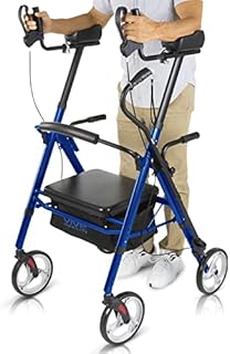 Vive Upright Walker for Seniors - Bariatric Rollator with Seat, Armrest, and Bag Basket, Stand Up Heavy Duty Folding Rolling Standing Aid with Cane Holder - Extra Tall Adult Walking Support