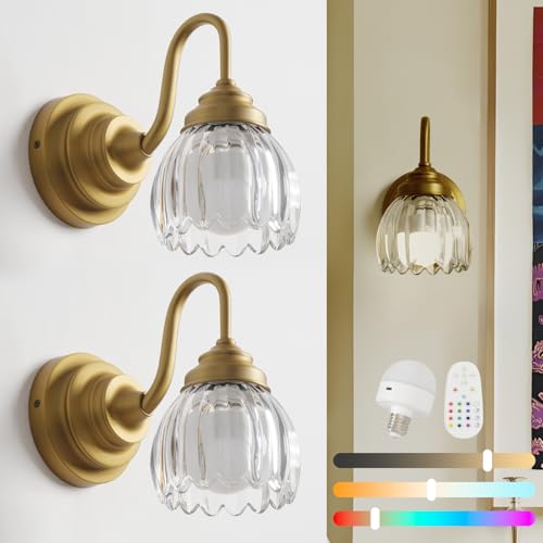 Image of Vintage Battery Operated Wall Sconces Set of 2,Brass Gold Bathroom Vanity Light with Clear Crystals Glass Dimmable Cordless Rechargeable Wall Lamps for Bedroom Living Room Bathroom Hallway