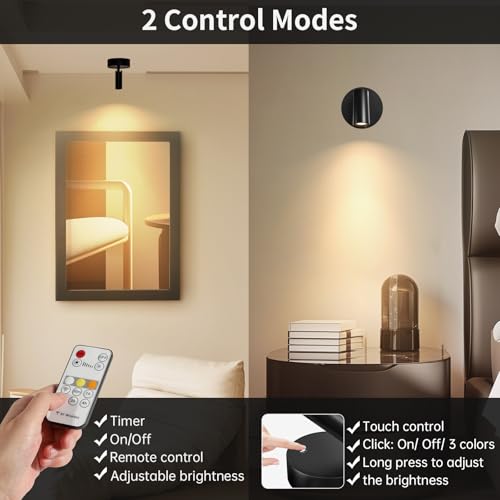 Image of TaoFiaCo Spotlight Indoor, Wireless Battery Operated with Remote,Uplight Indoor Down Light for Picture on Wall, Plant Spotlight Dimmable Timer, Ceiling Lights Painting for Trees Plant, Black 4 Pack