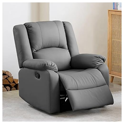 COOSLEEP Genuine Leather Recliner Chair with Overstuffed Arm and Back,Soft Living Room Chair Home Theater Lounge Seat,Manual Reclining Chairs for Adults (Dark Grey)