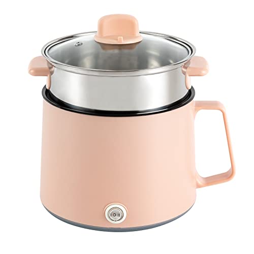 Olla eléctrica premium de 1,7 l con vaporizador, 300 W/600 W y revestimiento antiadherente, ideal para solteros y estudiantes, ideal para cocinar pasta, sopa y gachas (rosa)