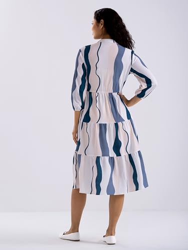 Image of AASK Women Diamond Creap Striped Printed Mandarin Collar Fit & Flare Dresss