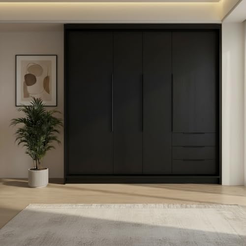 A&J MöbelLand KLARI Kleiderschrank 4-türig mit 3 Schubladen – 200 x 215 cm – Drehtürenschrank mit Kleiderstange und Einlegeböden