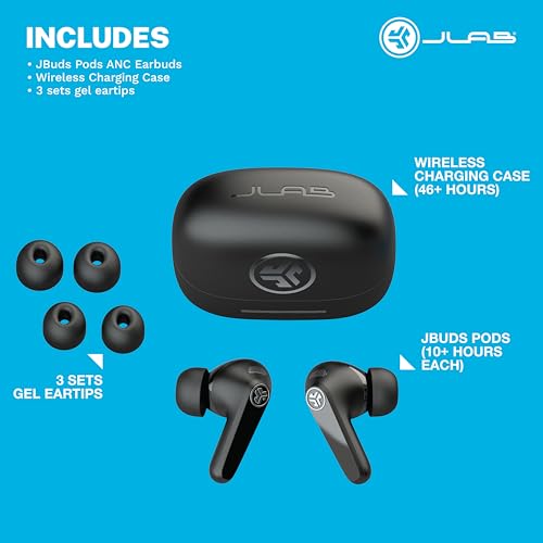 Image of JLab JBuds Pods ANC Earbuds - Active Noise Cancelling Bluetooth Earphones, 56+ Hr Playtime True Wireless in Ear Buds, IP55 Sweat-Resistant, Custom Audio, App Control, Multipoint & Clear Calls, Black