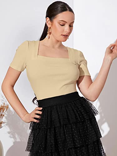 Image of Shasmi Women Polycotton Regular Fit Solid Knitted Square Neck T-Shirts Short Puff Sleeve Tops (TOP 52)
