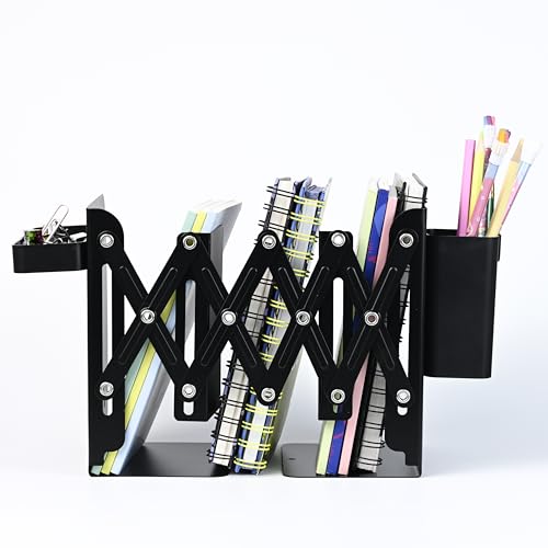 Image of Adjustable Bookend Organizer with Pen Holder | Expandable Desk Bookshelf for Office, Study, and Home | Book Rack Stand for Books, Files & Stationery (Extends Up to 17 Inches) (Black)