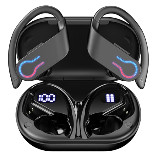 Wireless Bluetooth Earbuds with 200H Playtime, Bluetooth 6.1 Low Latency, Smart Noise Cancellation, IPX7 Waterproof, LED Power Display & Ergonomic Ear Hook – Ideal for Sports, Work & Travel- Black