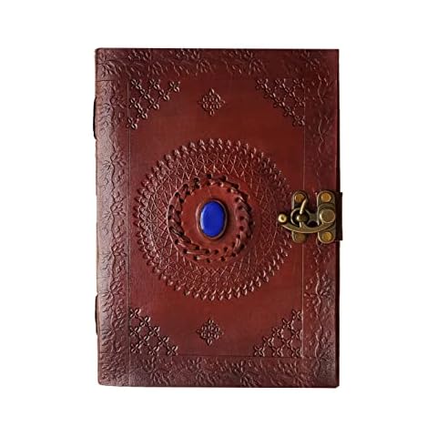 10 Inch Leather Journal with Blue Stone Writing Pad Blank Notebook Handmade Notepad for Men & Women Unlined Paper Best Present Art Sketchbook Travel Diary to Write Book of Shadow Refillable Grimoire Cover