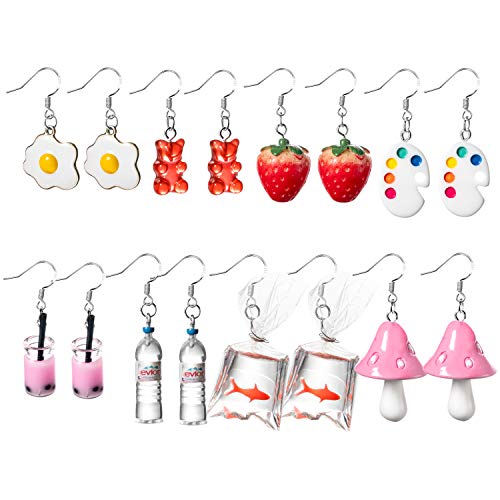 PANTIDE 8 Pairs Funny Dangle Earrings Gummy Bear Goldfish Water Bottle Paint Palette Strawberry Mushroom Milk Tea Egg Pendant Earring Indie Kidcore Aesthetic Earrings with Hypoallergenic 925 Hooks Y2K