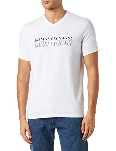 Armani Exchange T- Shirt Stretch en Coton avec Logo et col en V, White, XL Homme