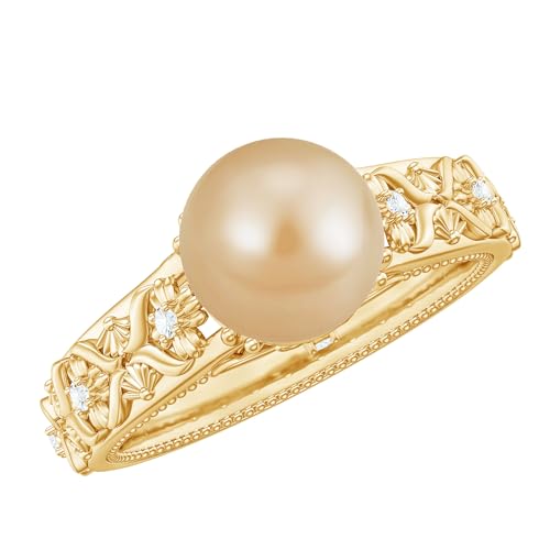 Real Golden Pearl Diamond Engagement Ring, AAA Quality, South Sea Pearl Flower Ring - Ready To Gift