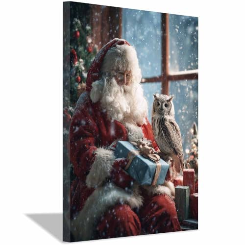 Tableau sur toile haute définition paysage d'hiver et hibou avec cadre premium