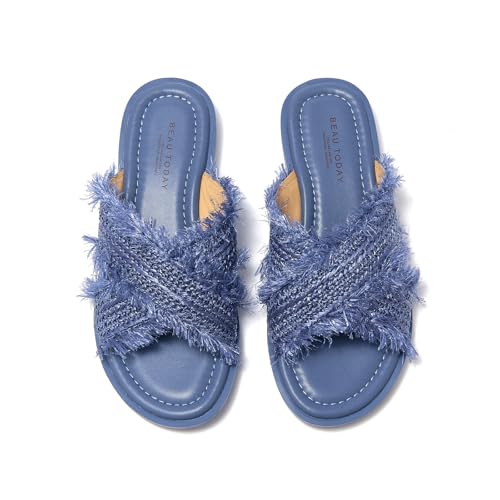 Image of BEAU TODAY Flat Sandals for Women,Women's Leather Sandals with 2 Strap,Peep Toe Summer Strap Sandals for Women,Open Toe Buckle Comfortable Dress Sandals Shoes for Women