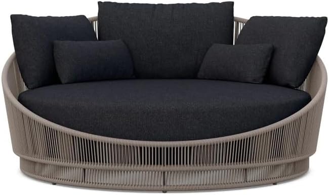 BRISHI Outdoor Patio Round Daybed/Sunbed/Swimming Pool Side/Sun Lounger/Garden/Terrace/Balcony/Braid & Rope Daybed. (Grey/Black)