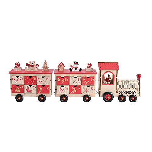 PE Calendario dell'Avvento in legno a forma di treno con 24 cassetti, per conto alla rovescia di Natale, decorazione da tavolo (rosso e naturale)