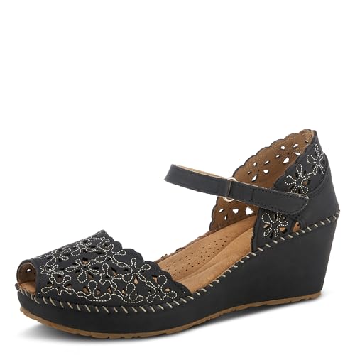 PATRIZIA Spring Step Gennina Wedge Sandals for Womens - Laser Cut Ladies Sandals with Embroidery - Hook and Loop Closure Womens Sandals