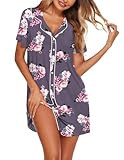 Ekouaer Nightgowns for Women Button Down Sleepshirt Short Sleeve Nightshirt Classic Soft Pajamas Nightdress Flower Purple XXL