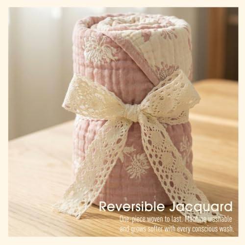 Image of Ultra Soft Muslin Baby Blanket - Made with Organic Cotton, Earthy Botanicals Jacquard Swaddle & Crib Quilt, 43x43 (Dusty Pink Floral)