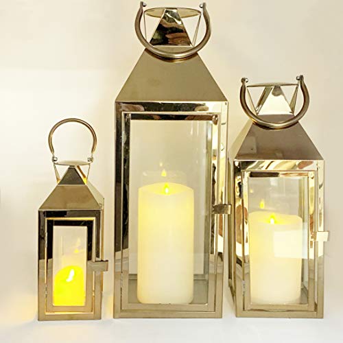 Image of Allgala 3-PC Lantern Set 24 Inch Jumbo Deluxe Modern Indoor /Outdoor Candle Lantern Set Gold Stainless Steel Frame Tempered Glass Pyramid Top for Garden Poolside Fireplace Wedding