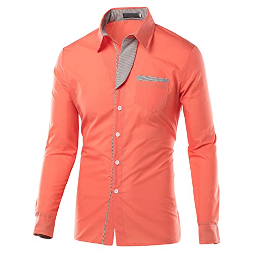 Mens Long Sleeve Stylish Dress Shirts Patchwork Casual Button Down Shirts Turn-Down Collar Shirt Top with Pockets (Orange,3X-Large)