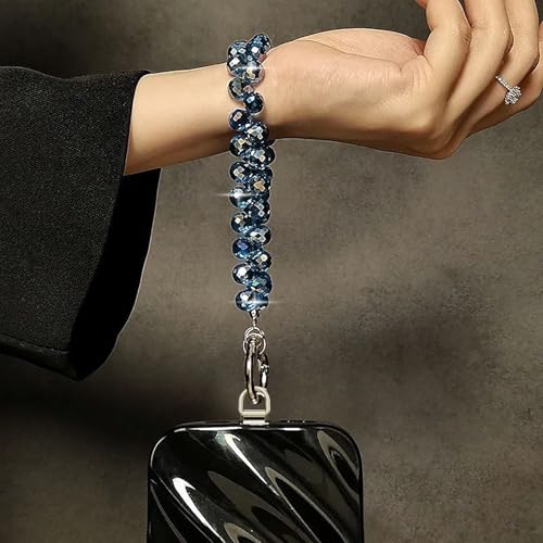 Image of TENOC Beaded Phone Wrist Strap, Navy Blue | Cellphone Lanyard Chain, Sparkling Wristlet Bracelet, For Women