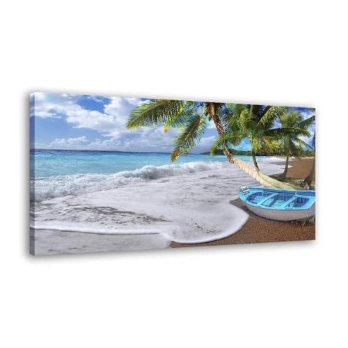 RUISHI Beach Canvas Wall Art for Bedroom Tropical Palm Tree Prints Summer Artwork Sea Wave Ocean Themed Coconut Seascape Coastal Painting Nature Picture for Living Room Home Office Decor 40"x20"