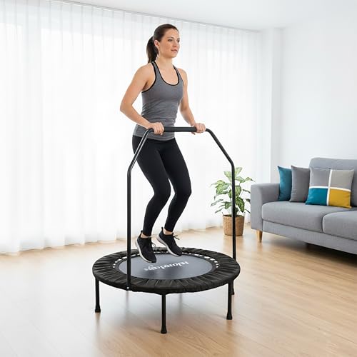Relaxdays fitness trampoline Ø102 cm, opvouwbaar, voor volwassenen, met stang, tot 120 kg, indoor, zwart, 113 x 102 x 10 - Afbeelding 4