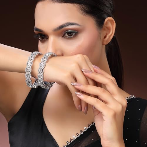Image of ZENEME Rhodium Plated Silver Toned White American Diamond Studded Bangles Set Of 2 For Women & Girls