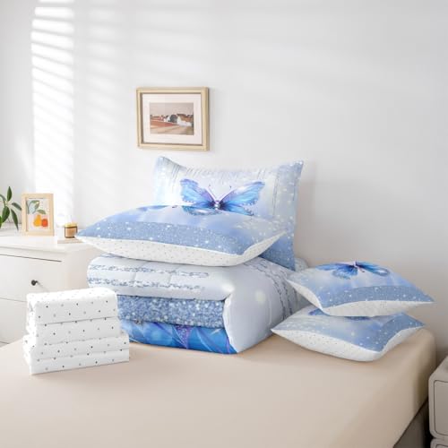 Image of Feelyou Butterfly Queen Comforter Set with Sheets for Kids Boys Girls Dreamy Princess 7 Pieces Bedding Set Glitter Bed in a Bag Watercolor Butterflies Room Decor Soft Lightweight Microfiber