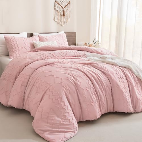 Image of Andency Pink Tufted Comforter Set Queen(90x90Inch), 3 Pieces(1 Boho Comforter, 2 Pillowcases) Textured Farmhouse, Soft Down Alternative Geometric Bedding Set