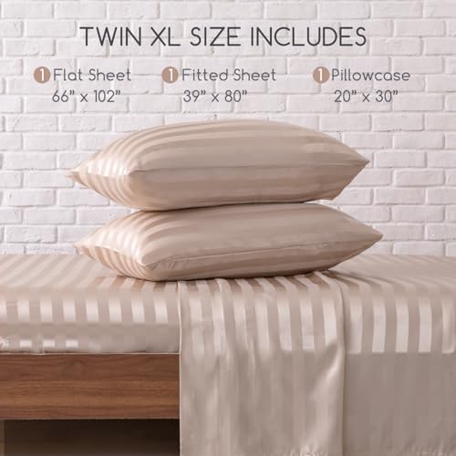 Image of MR&HM Satin Bed Sheets, Twin XL Size Sheets Set, 3 Pcs Silky Bedding Set with 15 Inches Deep Pocket for Mattress (Twin XL, Champagne Striped)