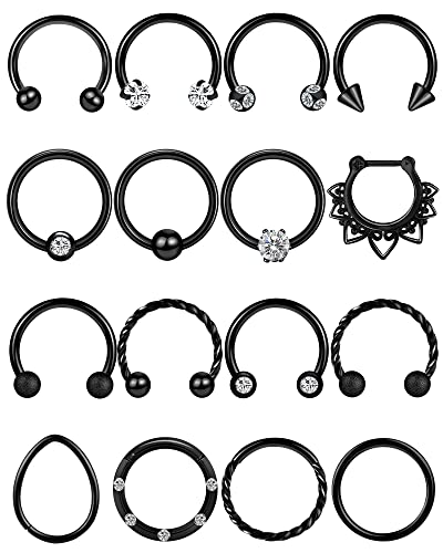 ONESING 16Pcs Black Septum Rings 16G Surgical Steel Septum Jewelry Black Septum Nose Ring Septum Horseshoe Septum Piercing Jewelry Helix Tragus Earring Lip Black Nose Hoop Body Piercing Jewelry