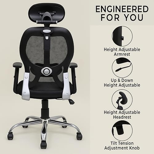 Image of Lakdi The Furniture Ergonomic High Back Office Chair with Adjustable Height, Mesh Back, Lumbar Support, Armrest & Tilt Lock - Comfortable Swivel & ExecutiveChair for Home & Office Work- SSL-884