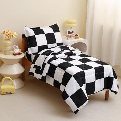 Image of Caressma Checkered Toddler Bedding Set Black White Plaid Comforter Set | Classic Black and White Bed Set, Grid Buffalo 4 Pieces Kids Bedding with Comforter, Fitted Sheet, Flat Sheet, Pillowsham
