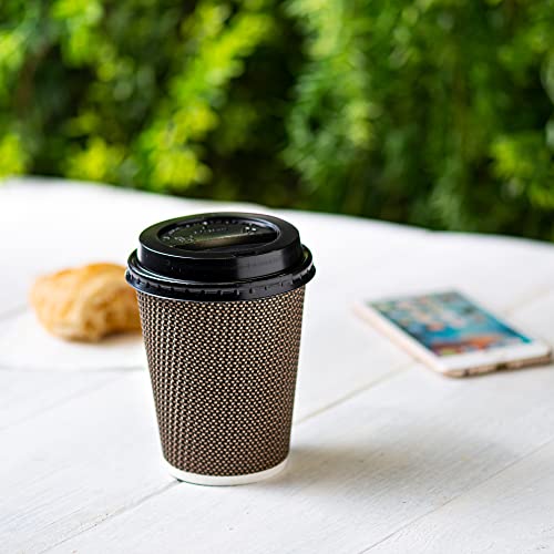 GUSTO [12 oz. - 50 Sets Insulated Brown Patterned Ripple Paper Hot Coffee Cups With Lids (Lids Color May Vary) - Ideal for Hot Beverages, Travel, and Office Use - (Formerly Comfy Package) - Thumbnail 6