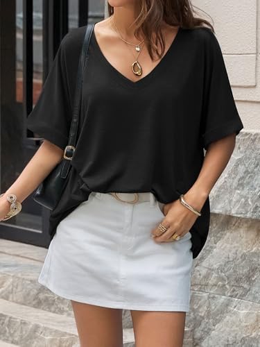 Image of UNCLECAT Womens V Neck Oversized T-Shirts Summer Short Sleeve Loose Tops | Plus Size, Rolled-up Sleeves, Trendy Fashion Clothes, Deep V Neck, Casual Basic Tee