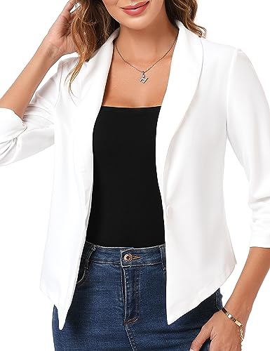 White Blazer Jacket for Women Fall Lightweight Crop Blazer Stretchy Ruched Sleeve Office Outfits Shrugs Middle4