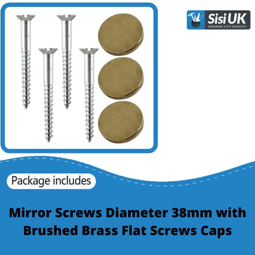 Mirror Screw 38mm & Brushed Brass Flat Screw Caps 19 mm Mirror Screws with Decorative Cap Covers Mirror Screws Fitting Set for Mirror Tables Bath Plates Wardrobes Glass Signs Pack of 4 - Image 2