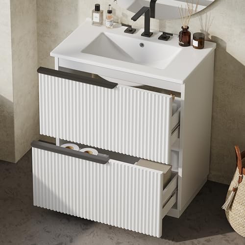 Merax Modern 30'' Bathroom Vanity with Single Sink Combo, Solid Wood Bathroom Storage Cabinet with Full-Extension Drawers, Freestanding Vanities Set with Fluted Design White
