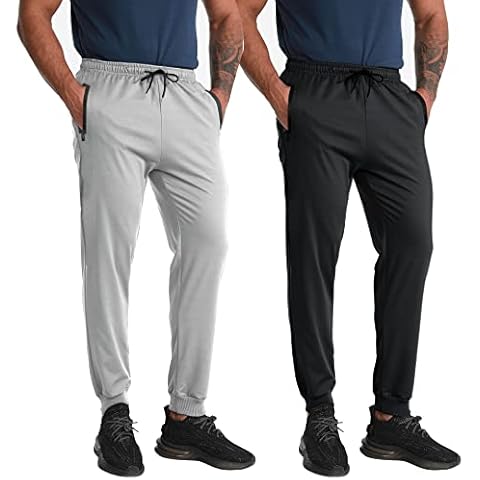 BUYJYA Mens Sweatpants Workout Jogging Pants Joggers with Pockets 2 Pack for Athletic Running Gym, Light Grey-black, Large Cover