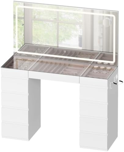 WOLTU Tocador Maquillaje con Encimera Vidrio, Mesa Tocador con Es...