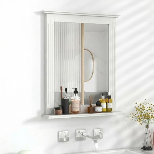 Tangkula Bathroom Mirror with Shelf, Rectangle Over Sink Wall Mirror, Hanging Vanity Mirror for Dressing Room Washroom Bedroom, Modern Concise Mirror (White)