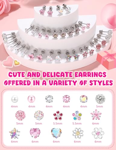 THUNARAZ 16 Pairs Hypoallergenic Screw Back Earrings for Women Girls Surgical Steel Tiny CZ Pearl Ball Heart Flower Screwback Flat Back Stud Earrings Set 20G3