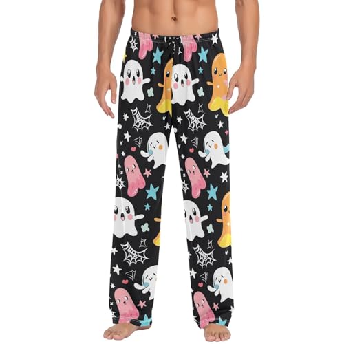 Men’s Halloween Cartoon Ghosts Pajama Pants with Pockets, Comfortable Lounge Sleep Bottoms#181