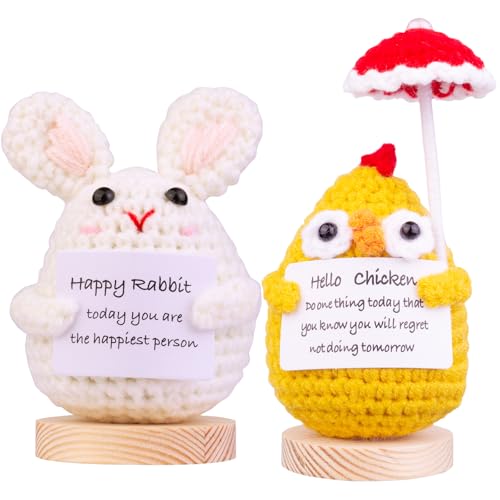 Image of 2PCS Handmade Emotional Support Crochet Rabbit Chick Gifts, Cute Knitted Rabbit Dolls Car Decoartions with Wooden Base, Front Card Decoration for Birthday Gift Home Decoration(A6)