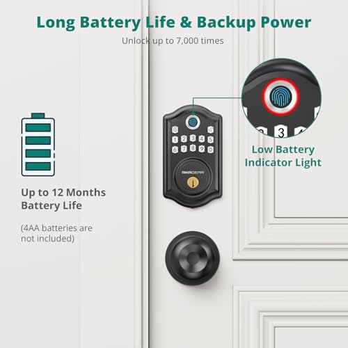 Image of AkaGear DS10 Keyless Entry Door Lock, Fingerprint, Exterior Door Knob Handle, 2 Keys, Electronic Keypad, One-time Code, Smart Locks for Front Door, Bedroom, Auto-Lock, Easy Installation - Matte Black