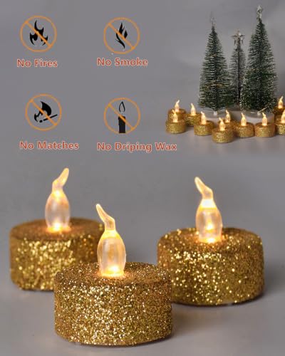 Image of 12PCS Gold Glitter Tea Lights Candles Battery Operated with Timer