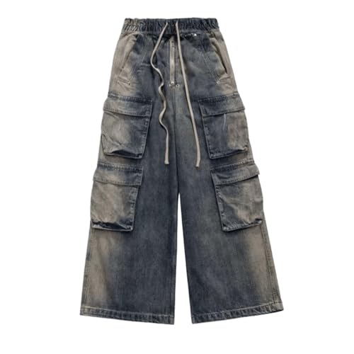 Men's and Women's American Fashion Denim Retro Hip-hop Multi Pocket Work Pants Loose Straight Leg Pants