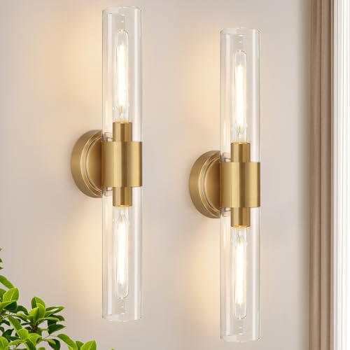Image of Wall Sconces Set of Two, Brushed Gold Bathroom Sconces Wall Lighting with Clear Glass, Hardwired Modern Sconces Wall Decor Set of 2 for Bathroom Mirror Bedroom Living Room Hallway